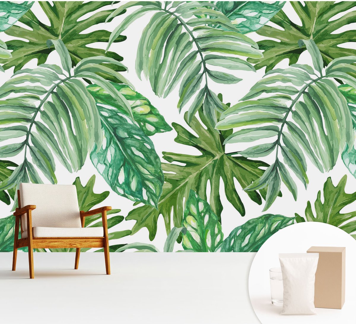 Wallfluent Fotobehang - Groente Vliesbehang - 312x219 cm - Exotische Bladeren Fotobehang Vlies - Woonkamer behang Bloemen En Planten - Muurschildering - Woonkamer behang