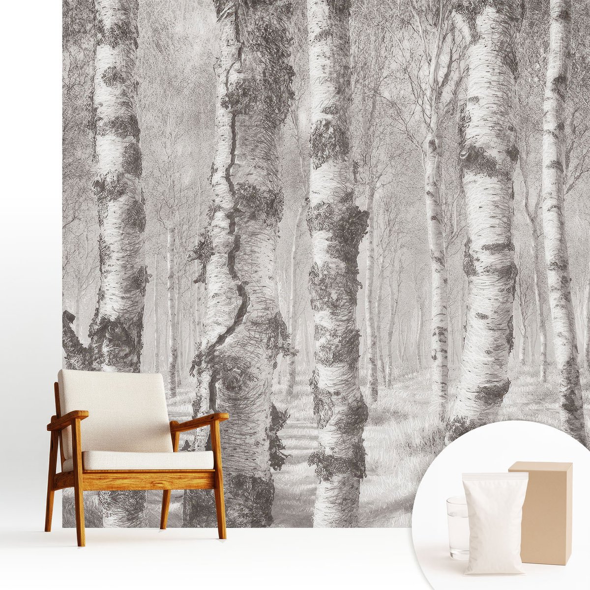 Wallfluent Fotobehang - Grijs Vliesbehang - 250x250 cm - Berkenbos Fotobehang Vlies - Hal behang Landschappen - Muurschildering - Woonkamer behang