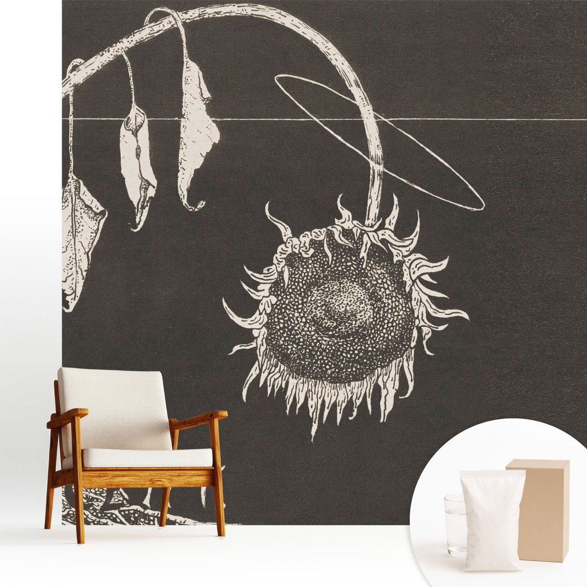 Wallfluent Fotobehang - Zwart Vliesbehang - 250x250 cm - Nostalgische Zonnebloem Muurschildering - Gang behang Deel - Fotobehang Vlies - Slaapkamer behang