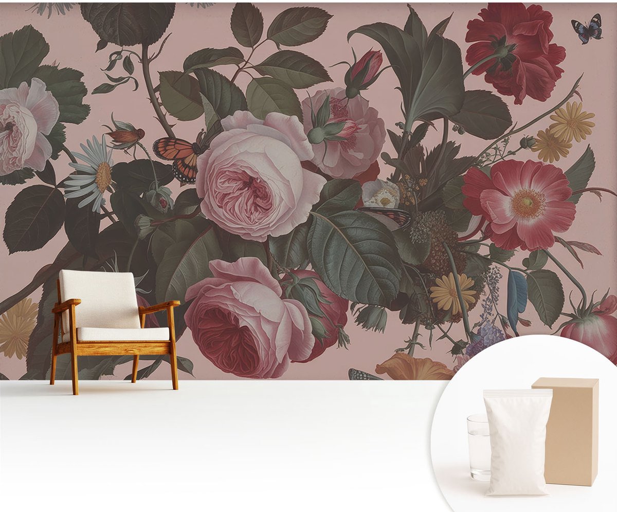 Wallfluent Fotobehang - Roze Vliesbehang - 416x254 cm - Bloemige Elegantie Fotobehang Vlies - Hal behang Bloemen En Planten - Muurschildering - Hal behang
