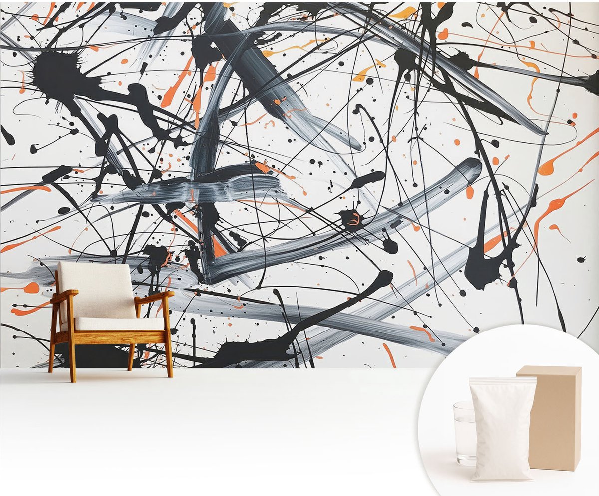 Wallfluent Fotobehang - Zwart-Wit Vliesbehang - 416x254 cm - Energiechaos Fotobehang Vlies - Hal behang Abstractie - Muurschildering - Woonkamer behang