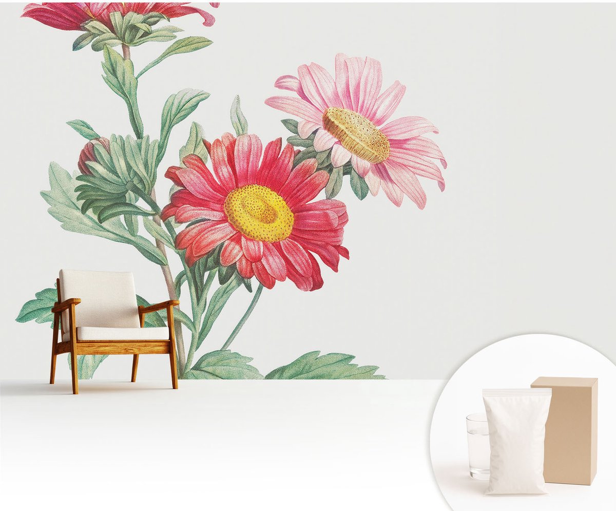 Wallfluent Fotobehang - Rood Vliesbehang - 416x254 cm - Tere Bloemen Fotobehang Vlies - Woonkamer behang Bloemen En Planten - Muurschildering - Woonkamer behang