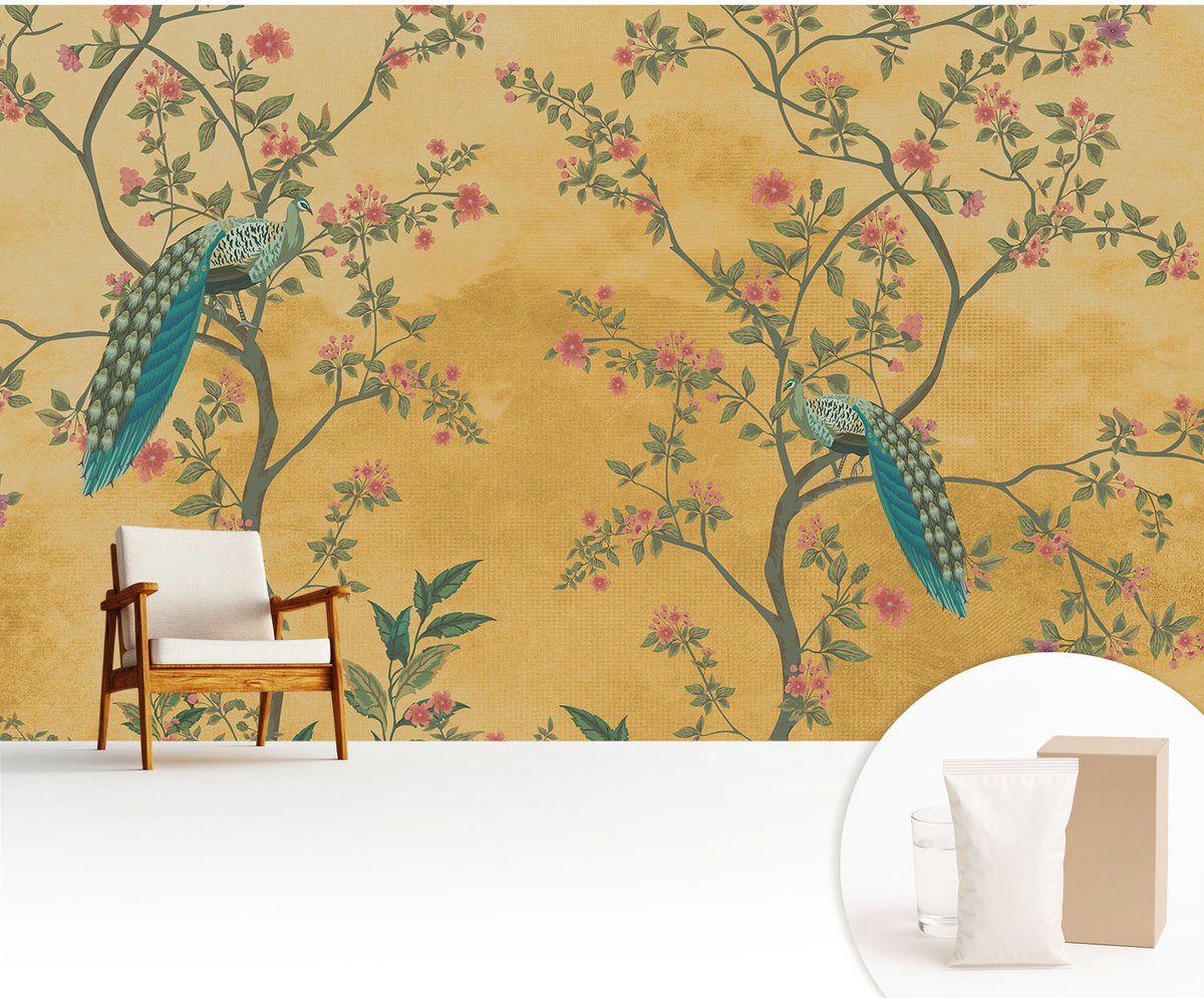 Wallfluent Fotobehang - Geel Vliesbehang - 416x254 cm - Pauwenbomen Muurschildering - Gang behang Bloemen En Planten - Fotobehang Vlies - Gang behang