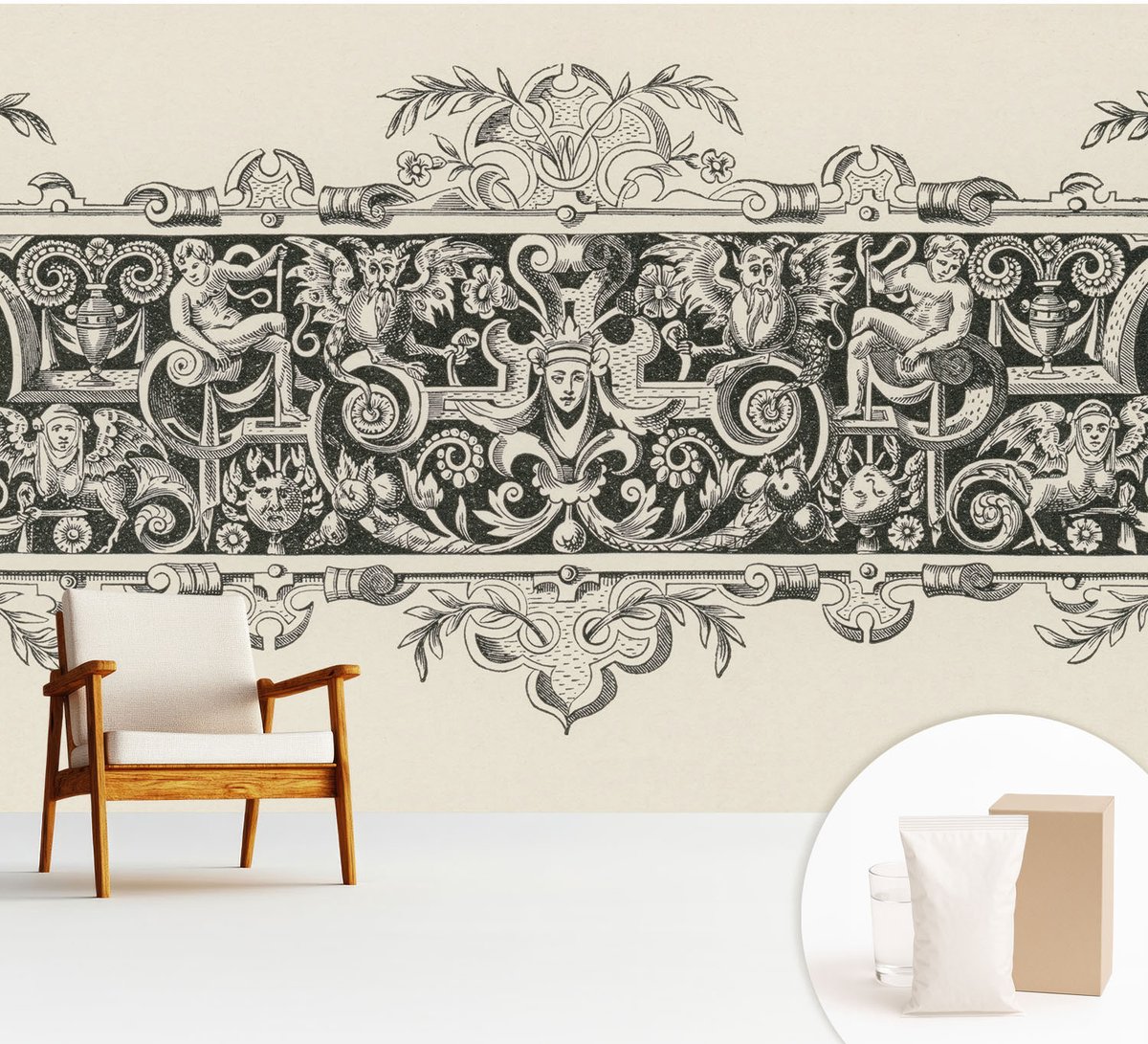 Wallfluent Fotobehang - Zwart-Wit Vliesbehang - 312x219 cm - Mythologische Motieven Fotobehang Vlies - Hal behang Deel - Muurschildering - Woonkamer behang