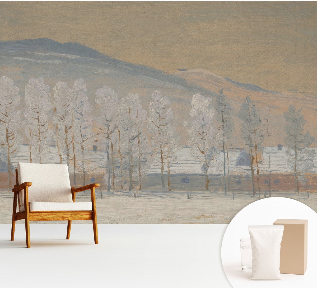 Wallfluent Fotobehang - Beige Vliesbehang - 312x219 cm - Winterlandschap Muurschildering - Slaapkamer behang Landschappen - Fotobehang Vlies - Gang behang