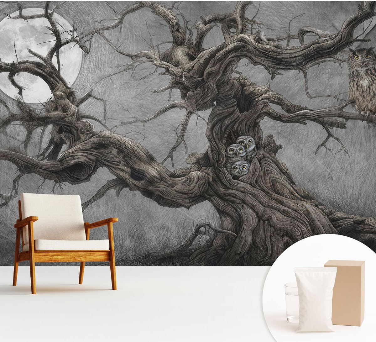 Wallfluent Fotobehang - Grijs Vliesbehang - 312x219 cm - Mysterieuze Uil Fotobehang Vlies - Woonkamer behang Dieren - Muurschildering - Woonkamer behang