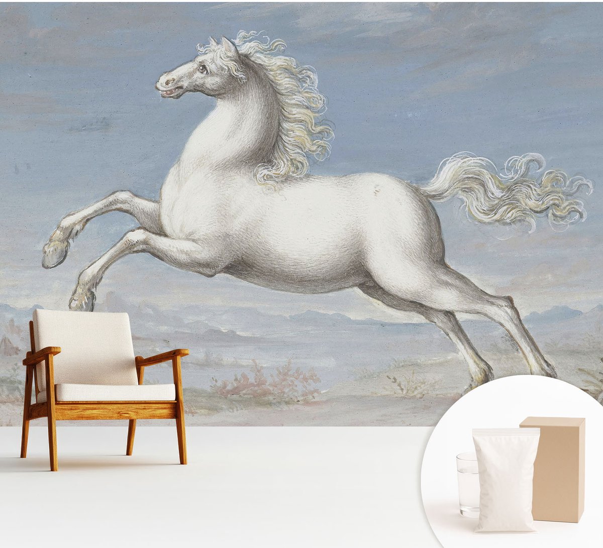 Wallfluent Fotobehang - Wit Vliesbehang - 312x219 cm - Paarden In De Hindernis Fotobehang Vlies - Hal behang Dieren - Muurschildering - Hal behang