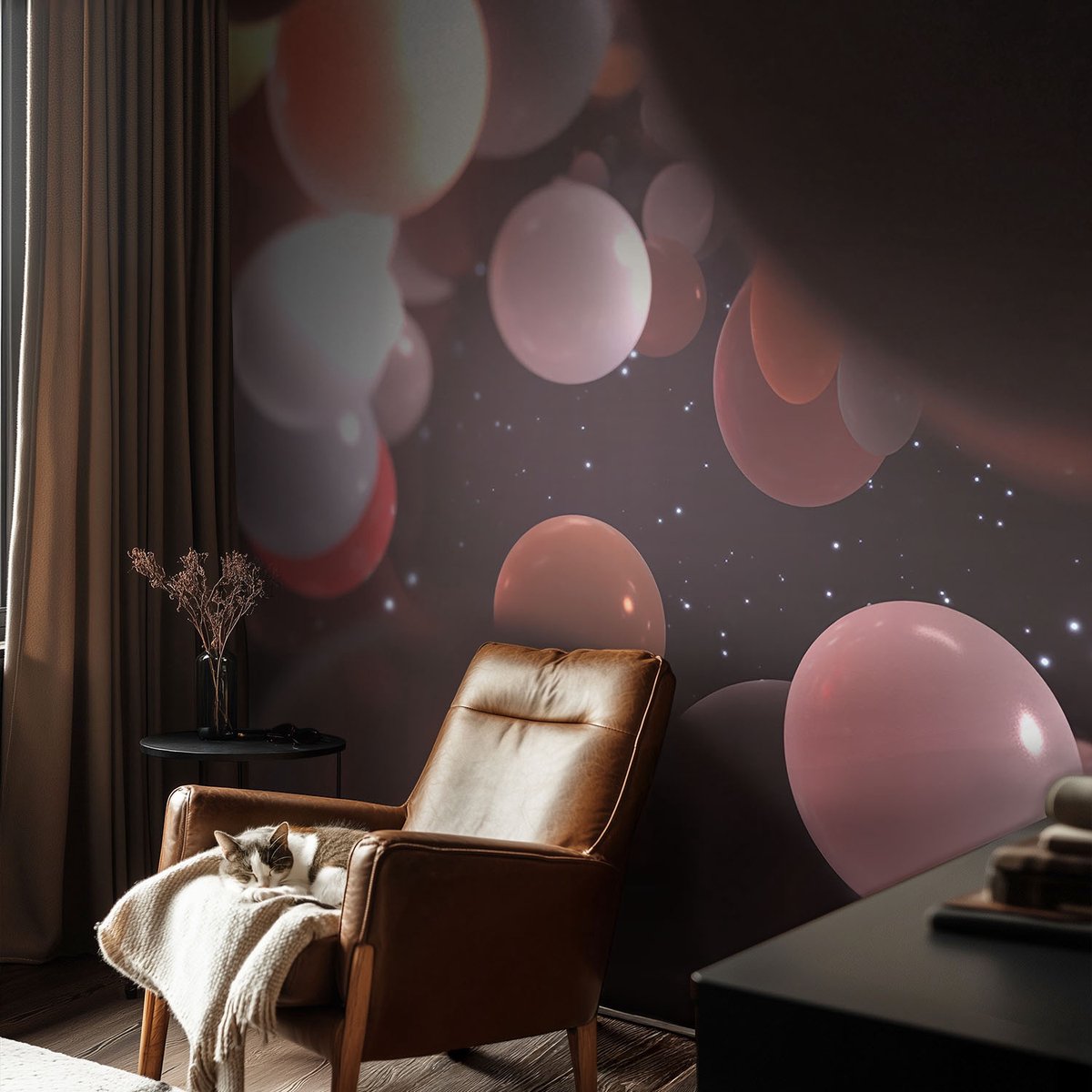 Wallfluent Fotobehang - Zwart Vliesbehang - 312x219 cm - Ruimteballen Muurschildering - Slaapkamer behang Kosmos - Fotobehang Vlies - Slaapkamer behang