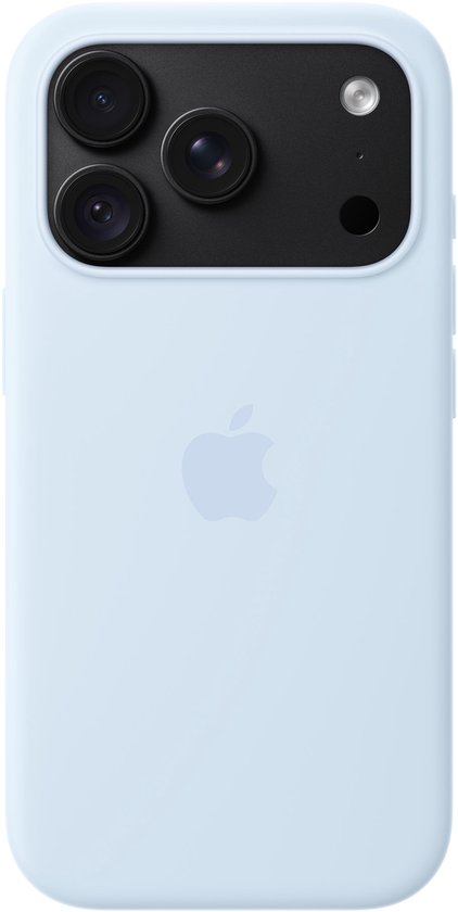 Frisblauw Apple Siliconenhoesje met MagSafe voor iPhone 18 Pro, met een zwart camera-eiland.