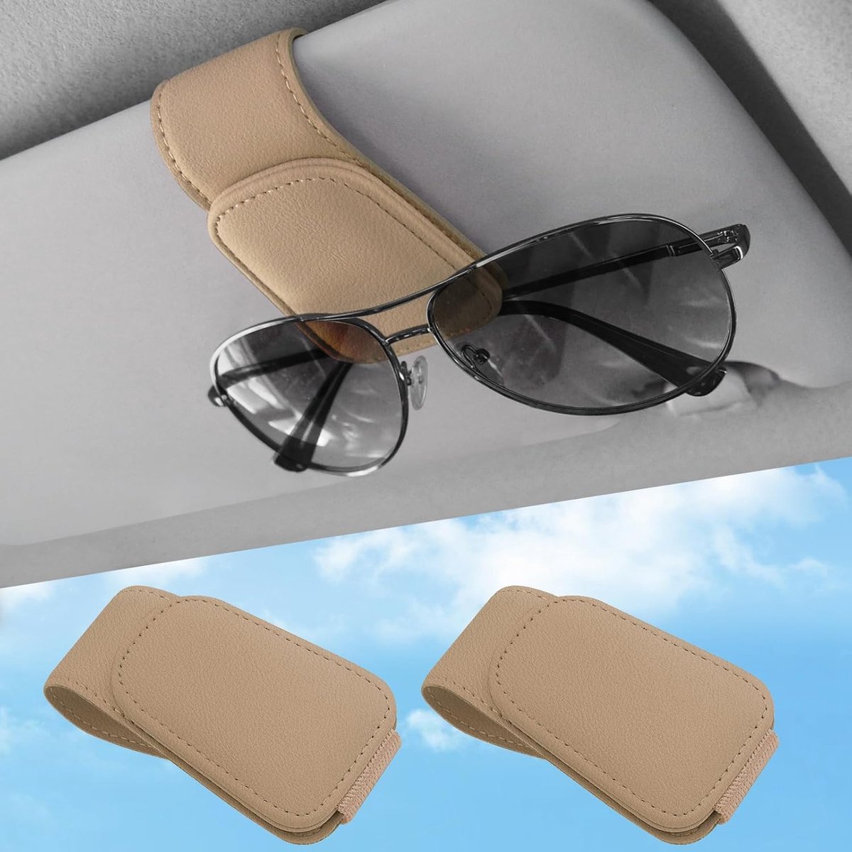 Set van 2 magnetische autozonnebrilhouders van leer, met clip voor parkeerkaart, draagbare accessoires, compatibel met - ShopVlot