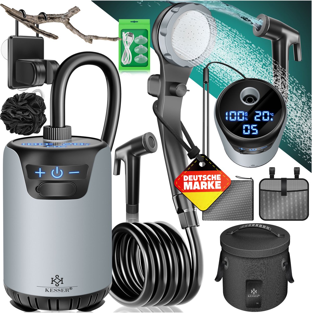 KESSER® Campingdouche X-Gear - mobiele douche met pomp en accu 8000mAh - 20L watertank - zilver/zwart