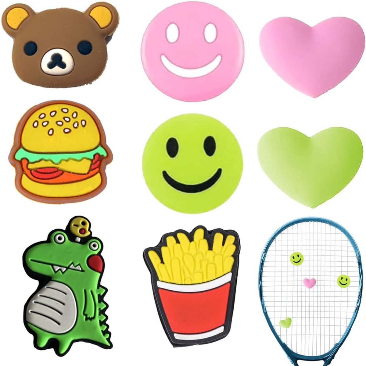 8 stuks siliconen tennisrackets, schokdempers, trillingsdempers voor tennisrackets, emoji, hartvorm, hamburgerfriet, friet, voor tennisrackets, badminton