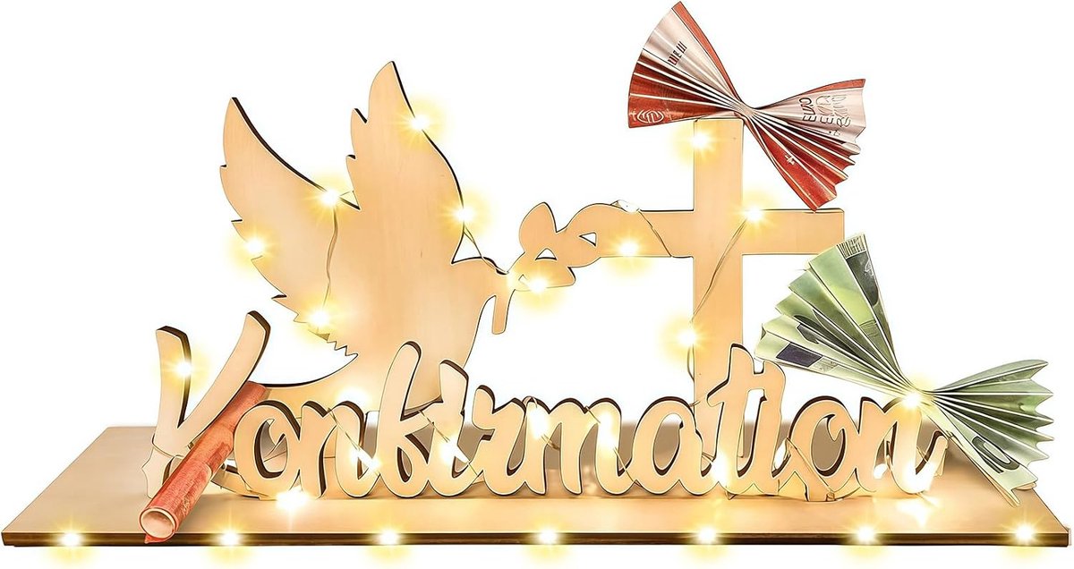 Geldcadeau voor de confirmatie, van hout – met bijgevoegde lederen verpakking. Geldcadeaus, verpakking voor de confirmatie, cadeau van hout, lichtslinger, confirmatiecadeaus voor jongens en meisjes