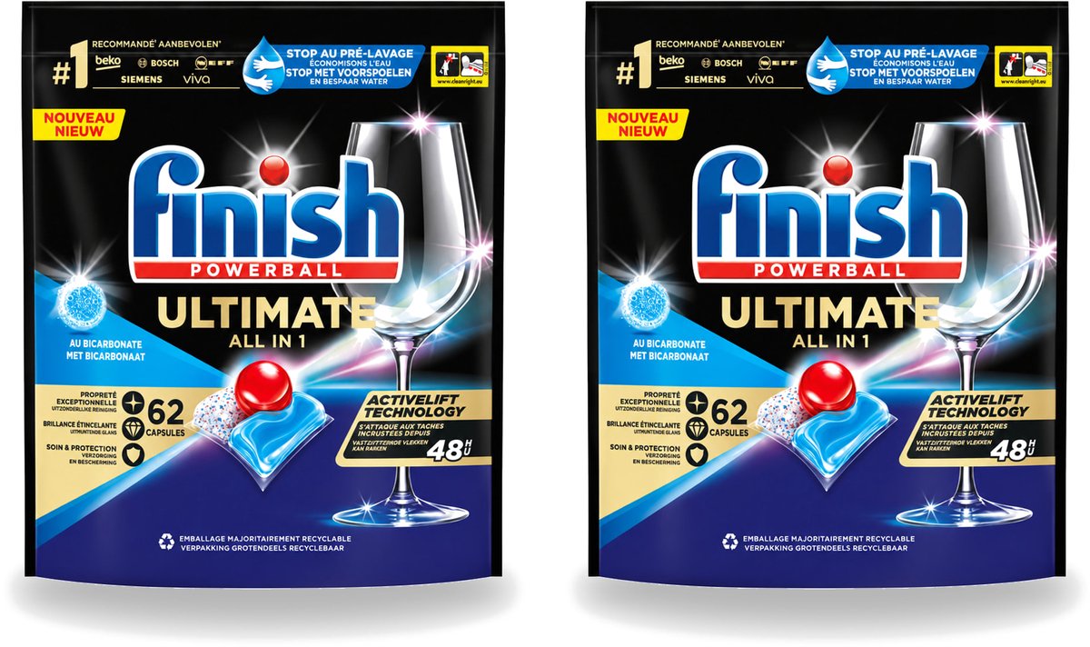 2 x Finish Powerball - Ultimate All in One - Vaatwastabletten - Met Bicarbonaat - 62 Capsules - Voordeelverpakking - 2 stuks