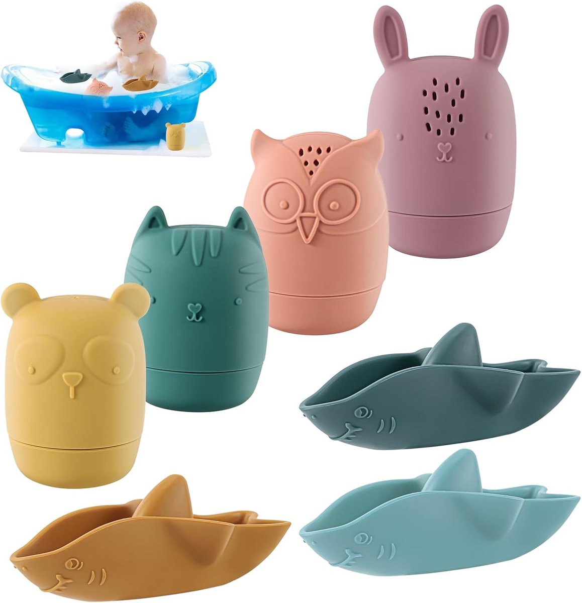 SnelShoppen - Set van 7 Bad Speelgoed Dieren, Siliconen Baddieren, Water Speelgoed voor Kinderen, Baby Cadeaus, Badkuip, Buiten, Spuitdieren, Verjaard