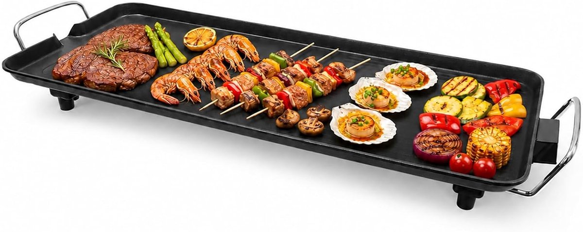 Elektrische tafelgrillplaat met antiaanbaklaag, extra groot grilloppervlak met olie-opvangtuit, elektrische grill voor 1-6 personen, voor outdoor, camping, achtertuin, 68 x 28 cm