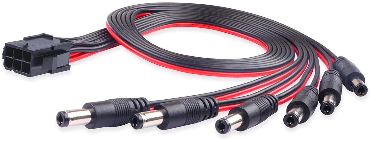 6-pins bus naar 6-voudige DC 5,5 x 2,1 mm stekker verlengkabel, 50 cm, 18 AWG zuiver koper, 12 V, geschikt voor behuizingsventilator, ledstrip, waterpomp