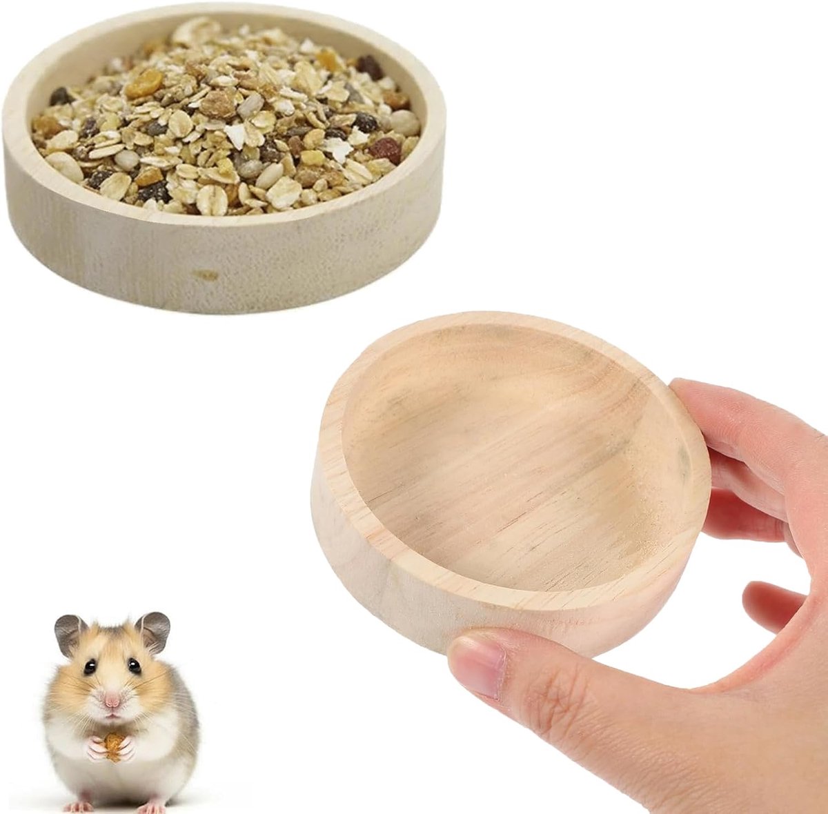 2 stuks, houten kom voor hamsters, gerbils, chinchilla, eekhoorns, vliegende egel