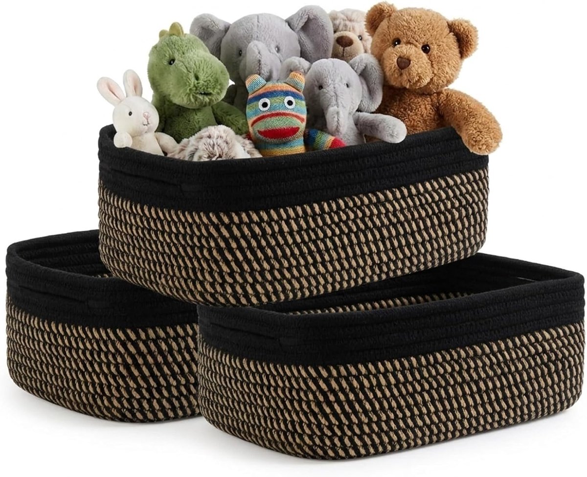 3 stuks, geweven opbergmand, plankmanden, gevlochten katoenen touw met handgrepen, gevlochten mand voor kinderkamer, badkamer, bergruimte, 30 x 20 x 11 cm, zwart + geel