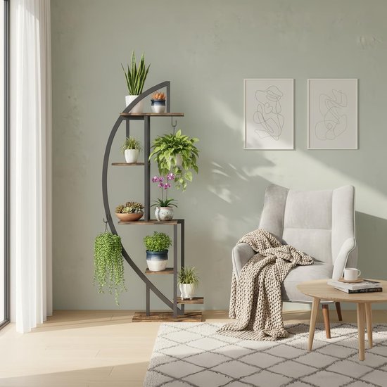 Plantenstandaard met groeilicht voor binnen en buiten, 160 cm, 6 niveaus, bloemenstandaard voor binnen, van hout en metaal, plantenrek met licht voor terras, tuin, balkon, hoek, woonkamer — afbeelding 2