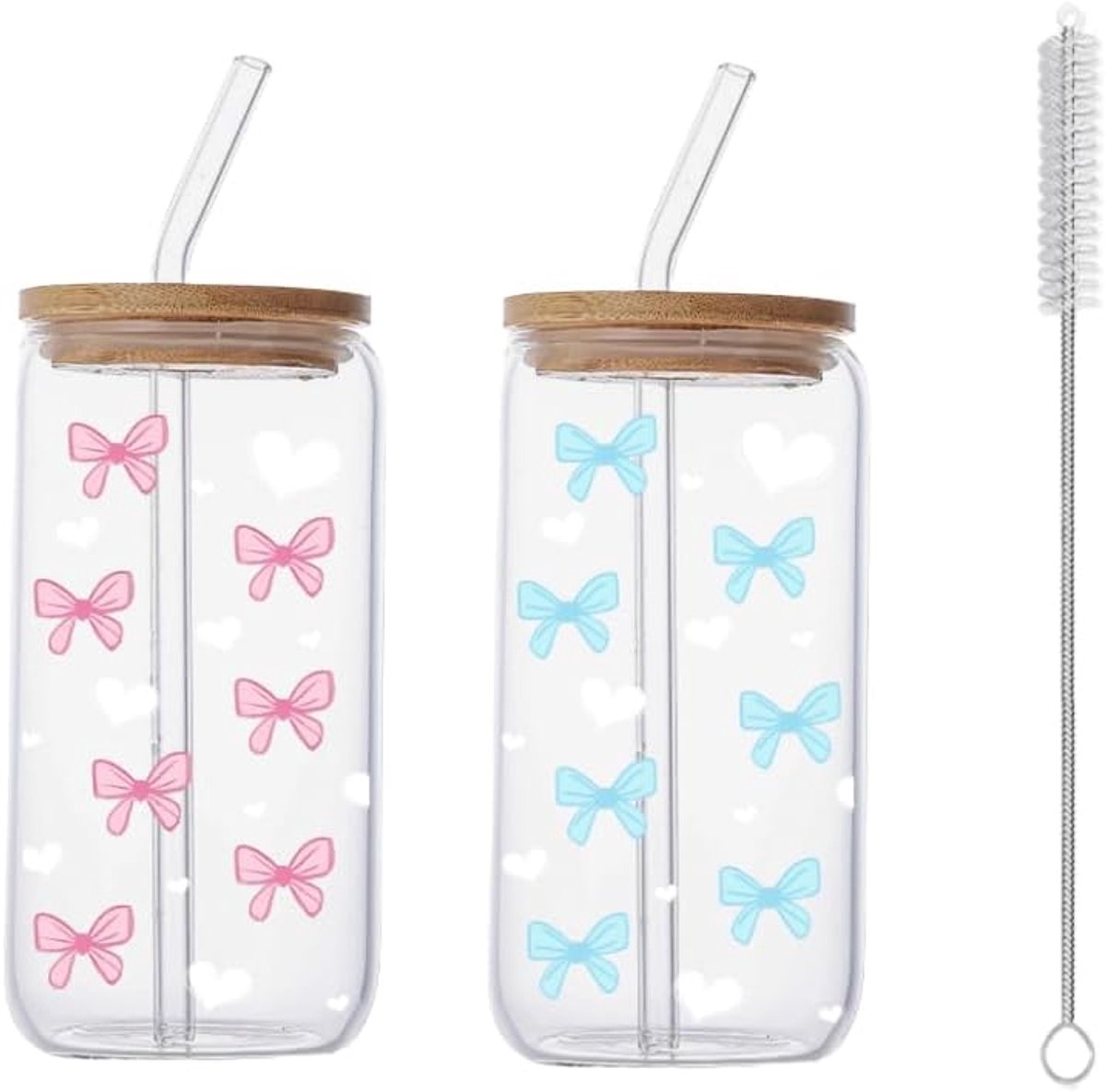 500 ml Beker Met Deksel, Drinkbeker, Matcha-Beker, Multifunctionele Koele Koffiebeker voor Melkthee, Dranken, Koffie, Thee en Cocktails, Roze en Blauwe Vlinderknoop, Set van 2 Stuks