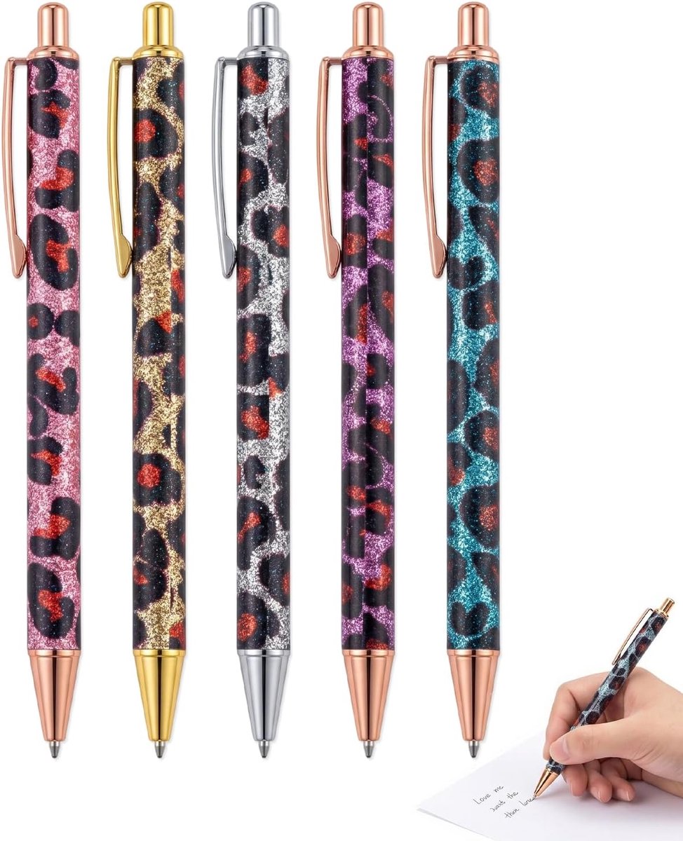 5 stuks, intrekbare metalen balpen, luipaardpatroon, zwarte inkt, glitterkantoorset voor betrouwbare schrijfstroom op school en dagelijks gebruik