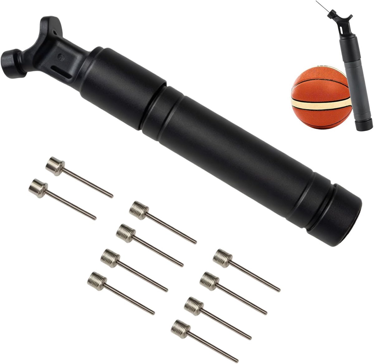 Balpomp met dubbel effect met 10 reservenaalden, handpomp voor voetbal, basketbal, handbal, volleybal en andere opblaasbare ballonnen, luchtpomp, zwart