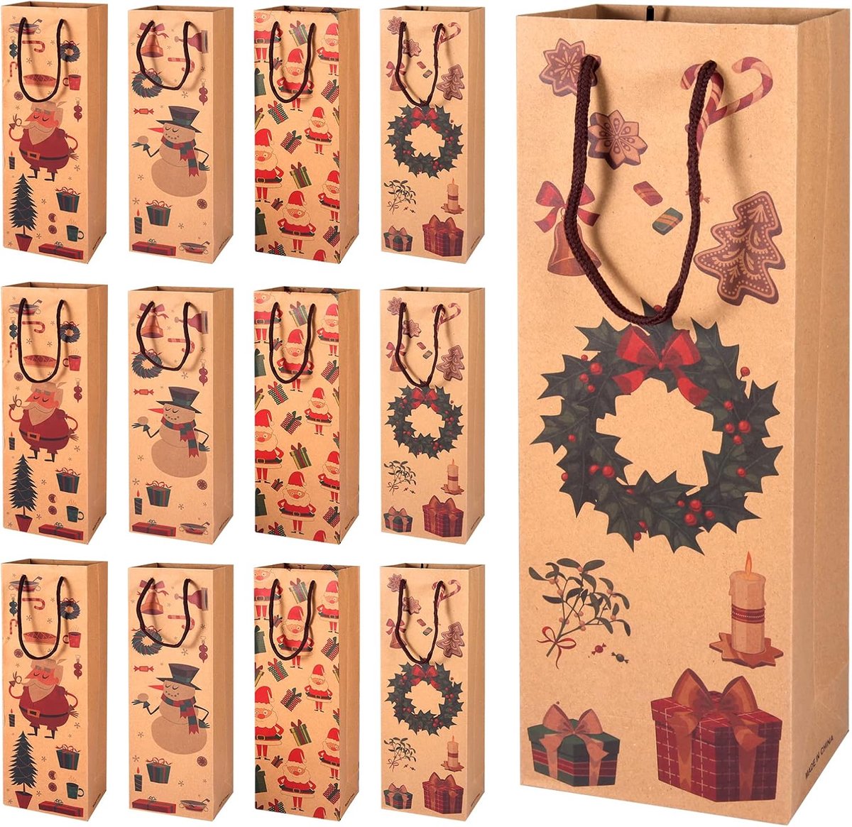 Kerstcadeauzakjes voor wijn, 12 stuks, geschenkzakjes voor wijnflessen, wijnzakken, kraftpapier, cadeau, kerstdecoratie, Bruin, 1 unidad (Paquete de 12), gemengd