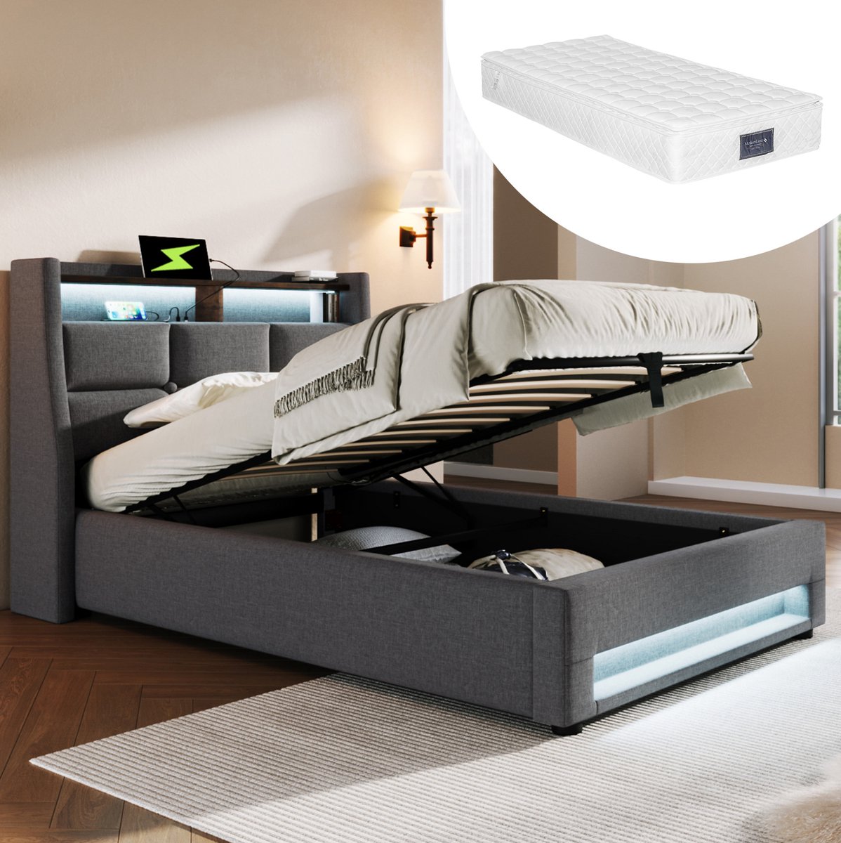 WUVRIE Gestoffeerd eenpersoonsbed 90x200 cm met LED, USB-aansluiting en opbergruimte, grijs