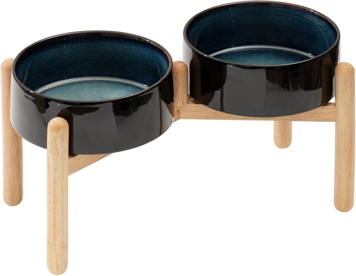 Keramische 20,8 cm verhoogde hondenbak met standaard voor honden van grote rassen, huisdiervoer en waterfeeder (dubbele kom met standaard - sterrenhemel)