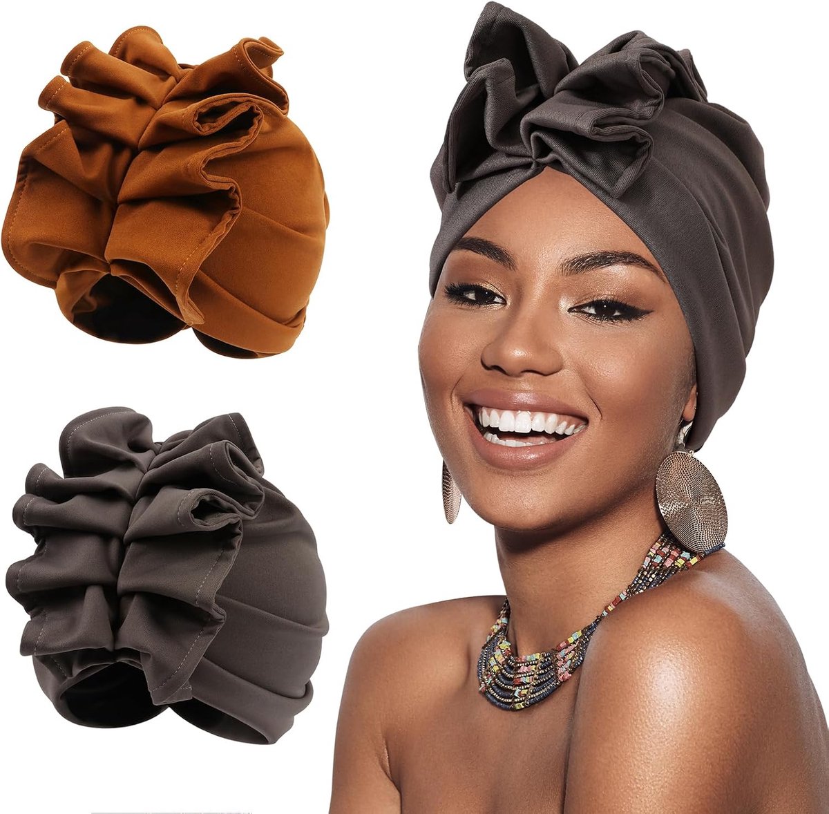 Turbans voor vrouwen - grijs en karamel - voorgevormd - stijlvol en praktisch - ShopVlot
