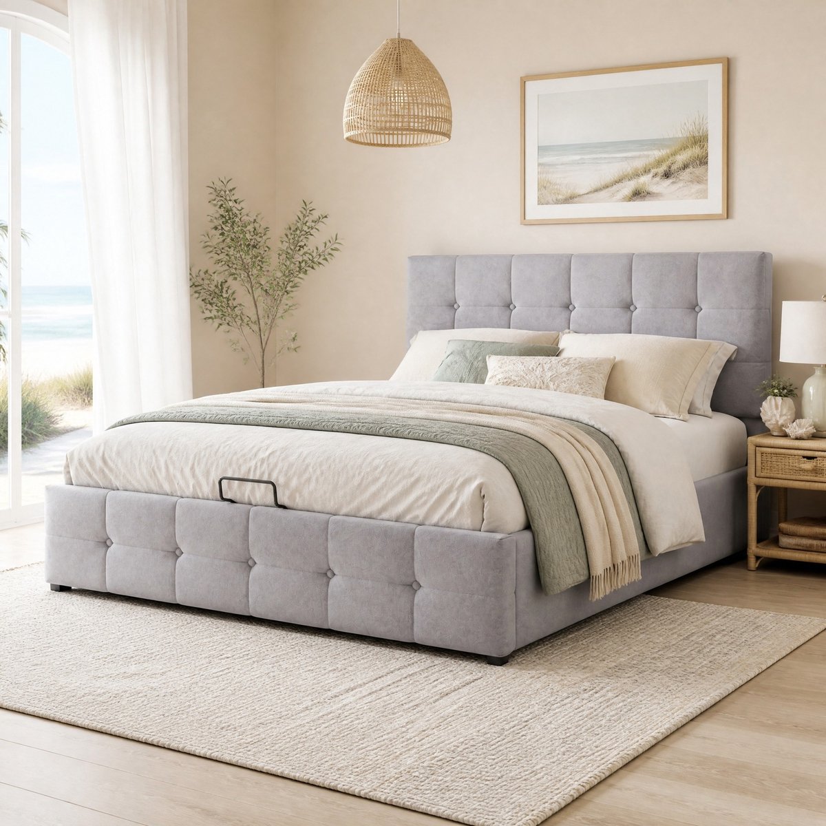 WUVRIE Gestoffeerd opbergbed 140x200 cm met hydraulische lift, verstelbaar hoofdbord en lattenbodem, grijs