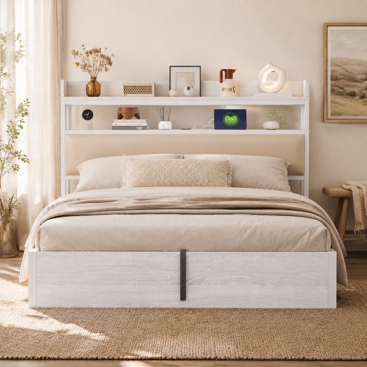 WUVRIE Tweepersoons bedframe 180x200 cm met hydraulische opbergruimte, USB en gestoffeerd hoofdbord, wit