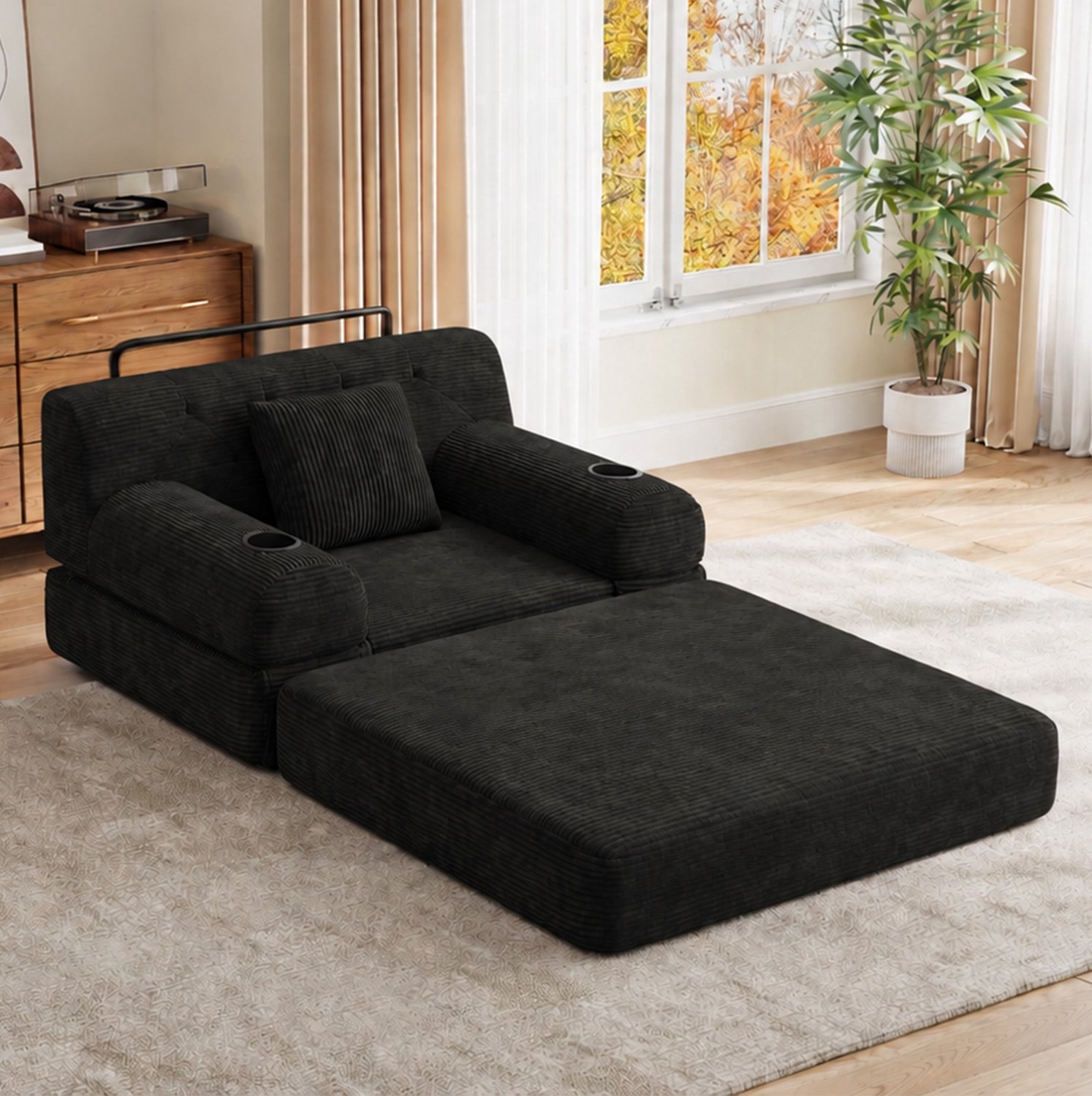 STILVORA Slaapbank 107 x 80 x 81 cm - 1-Zits Met Hoge Rugleuning, 2 Bekerhouders En 4 Zijvakken - Voor Woonkamer En Logeerkamer - Ribstof - Zwart