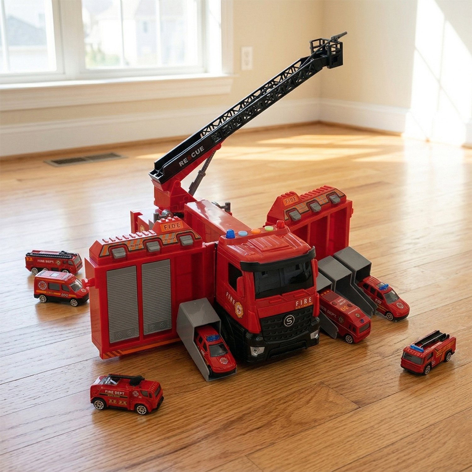 Brandweerauto Set - Brandweerwagen - Reddingsvoertuig - Brandweerauto Speelgoed - Transportvoertuig - Reddingsspel - Inertie - Licht & Geluid - Uitschuifbare Ladder & Waterkanon - Kinderspeelgoed - Rollenspel - Voor Kinderen Vanaf 3 Jaar – foto 2