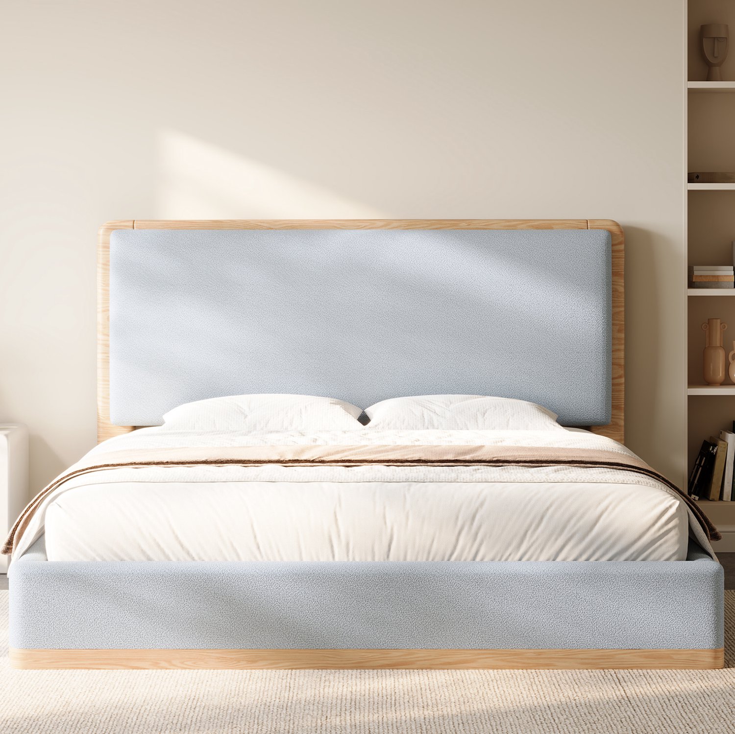 MIVRAY Gestoffeerd Bed 140x200 cm - Platformbed met Hoofdbord - Lattenbodem voor de Slaapkamer - MDF - Grijs en Naturel Houtkleur - Zonder Matras