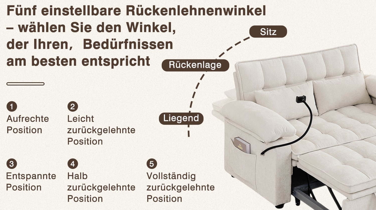 STILVORA Slaapbank 142 cm - Verstelbare Rugleuning met 5 Standen - Opbergruimte en Telefoonhouder - Woonkamer en Logeerkamer - Chenille - Beige