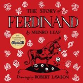 Rode kaft van het boek The Story of Ferdinand met een zwarte stier die aan een bloem ruikt en witte bloemenpatronen.