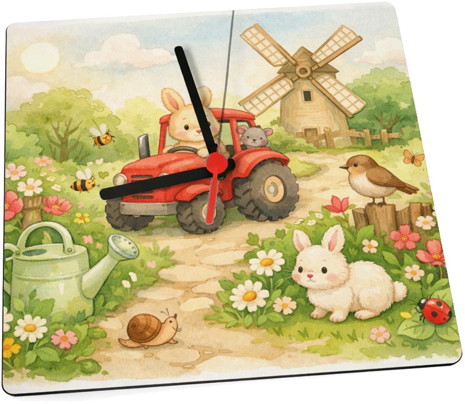Mr Cadeautjes Klok 19 x 19 - design Een vrolijke tuinscène met een gieter, bijen, bloemen en kle | cadeau Wit