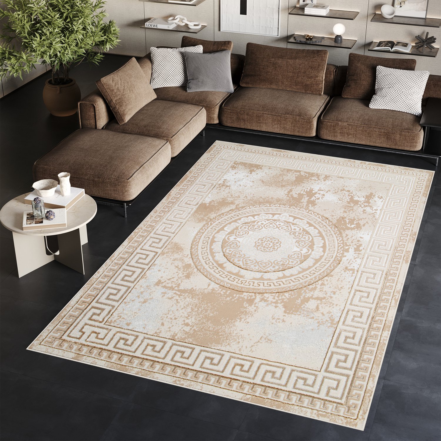 Tapiso Ares Vloerkleed Beige Frame Laagpolig Woonkamer Tapijt Maat- 140x200