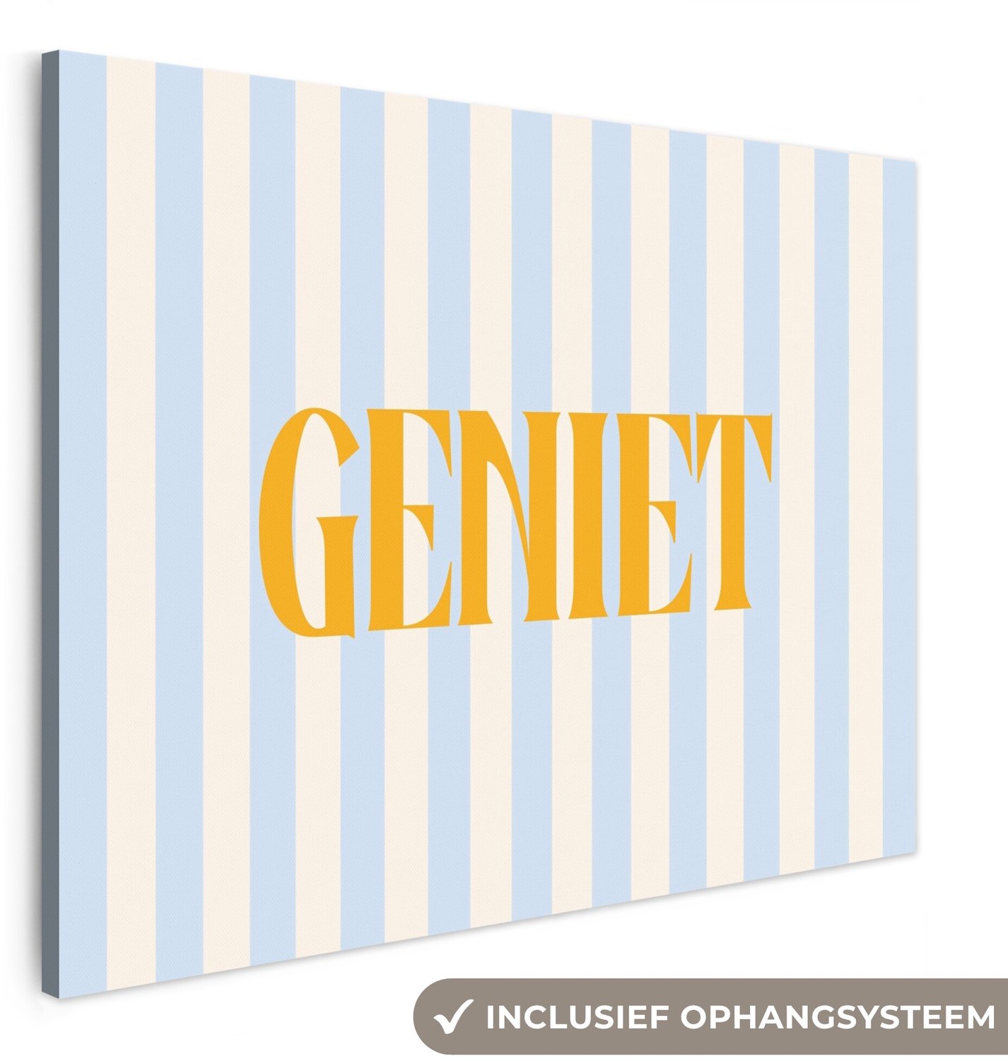Canvas schilderij 160x120 cm - Exclusieve wanddecoratie Oranje - Blauw - Strepen - Geniet - Muurdecoratie woonkamer - Slaapkamer decoratie - Kamer accessoires - Schilderijen op canvas groot XXL
