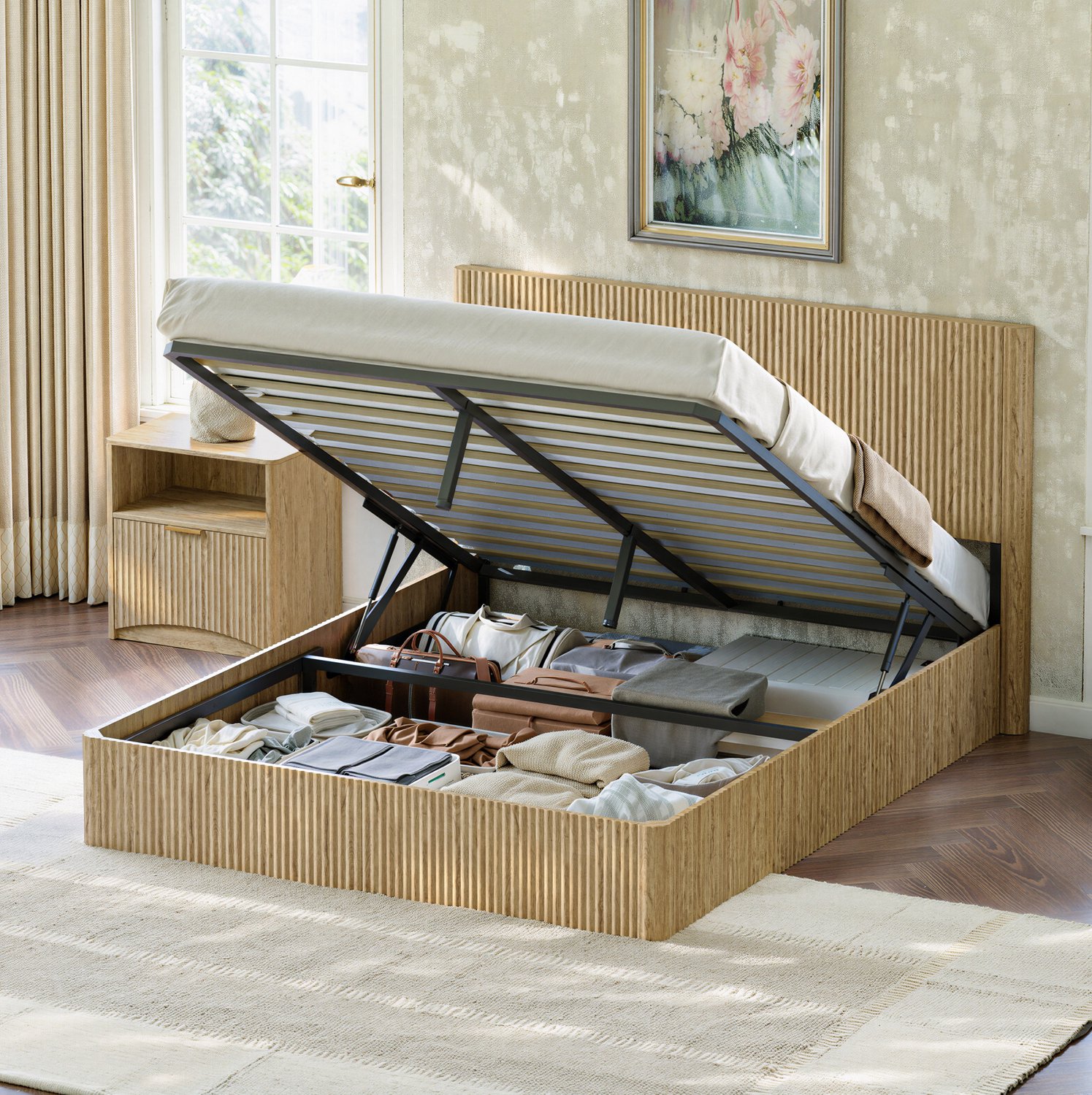MODFU Bed Met Opbergruimte - Hydraulisch Liftsysteem - Geribbeld Hoofdbord - MDF - Naturel - 160 X 200 Cm Licht eiken