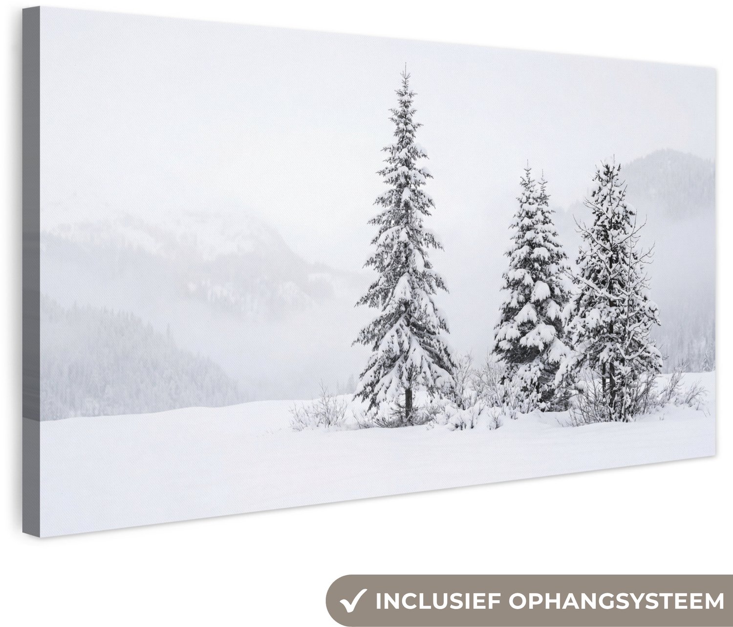 Canvas schilderij 160x80 cm - Exclusieve wanddecoratie Fijnsparren - Sneeuw - Winter - Landschap - Stilte - Muurdecoratie woonkamer - Slaapkamer decoratie - Kamer accessoires - Schilderijen op canvas groot XXL