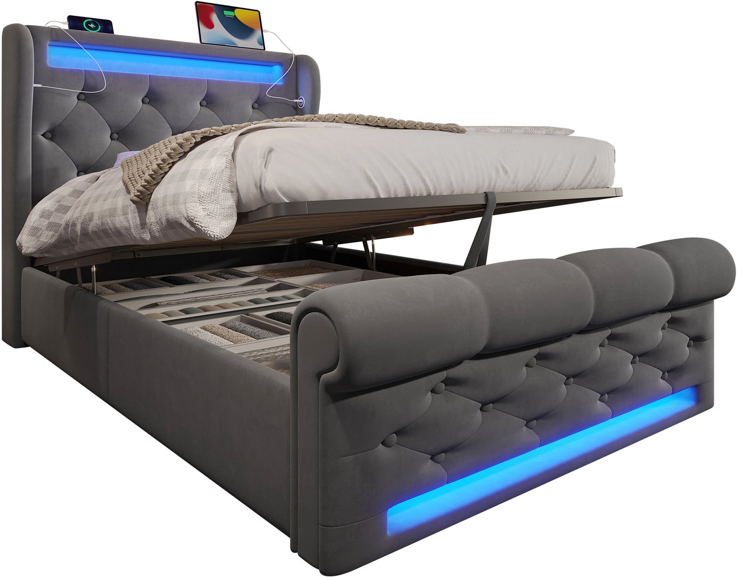 MUVANO Gestoffeerd eenpersoonsbed 90x200 - Opbergbed met hydraulisch hefmechanisme - Fluweel - LED en USB-C - Gecapitonneerd - Slaapkamer grijs