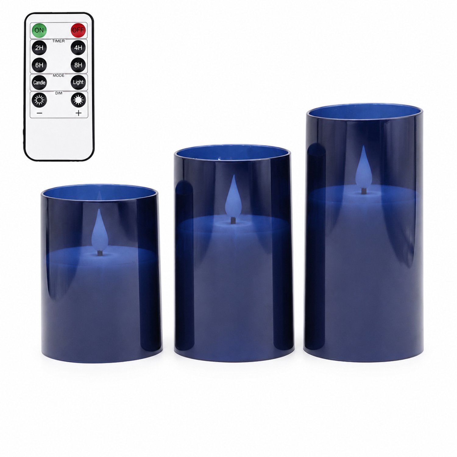SWGOTA led kaarsen, 3 stuks per doos, donkerblauw met druppelvormige top, cilindervorm, inclusief kleine afstandsbediening en knoopcelbatterij