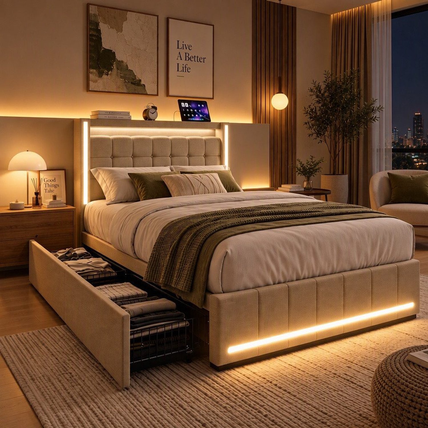Mofor Gestoffeerd opbergbed 90x200 cm met 2 lades - eenpersoonsbed met LED-verlichting en USB-poorten - linnen bekleding - beige