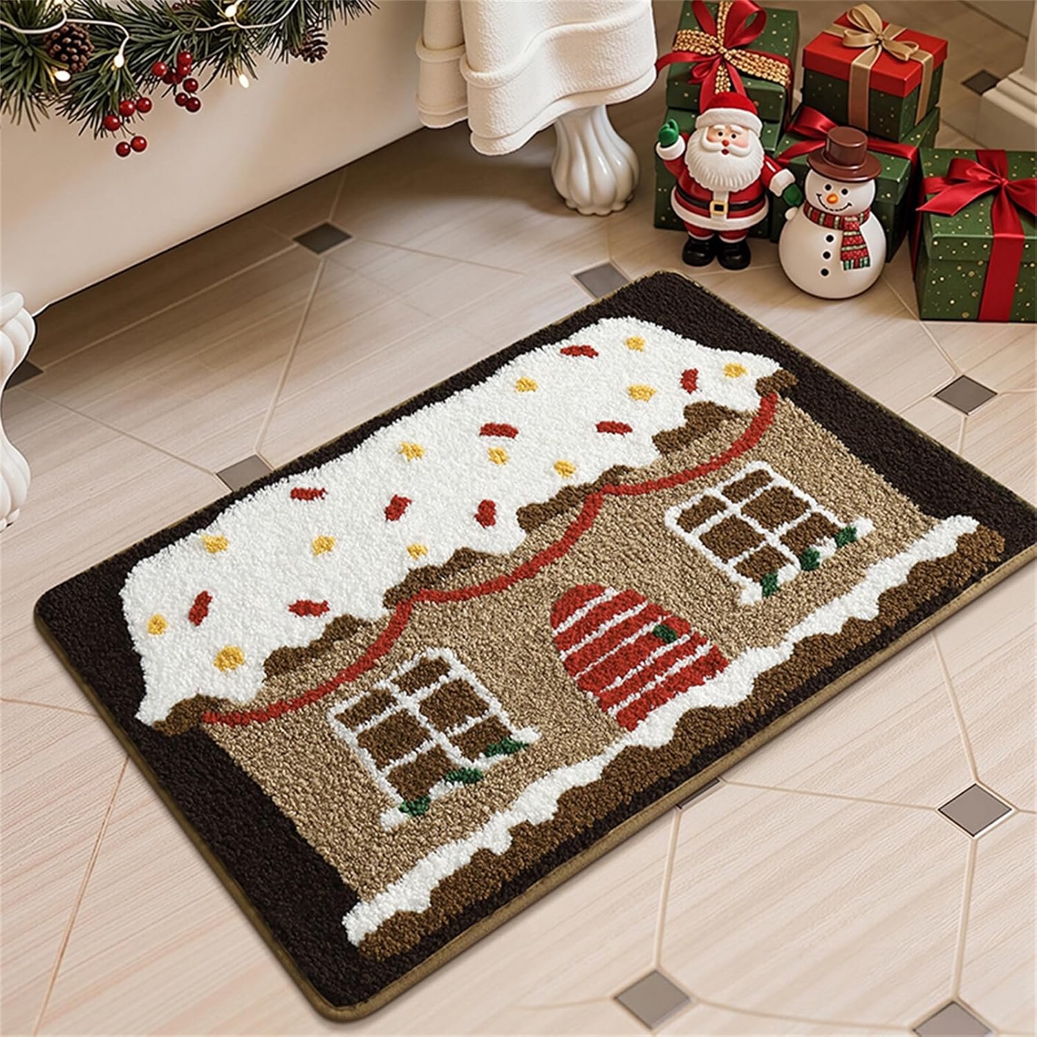 YAGXIG Kerstbadkamertapijt - 32" x 20" - Superzacht - Absorberend - Microvezel - Badkamertapijt - Peperkoekhuis Badkamertapijt - Dik - Antislip pluche badkamertapijt Bruin