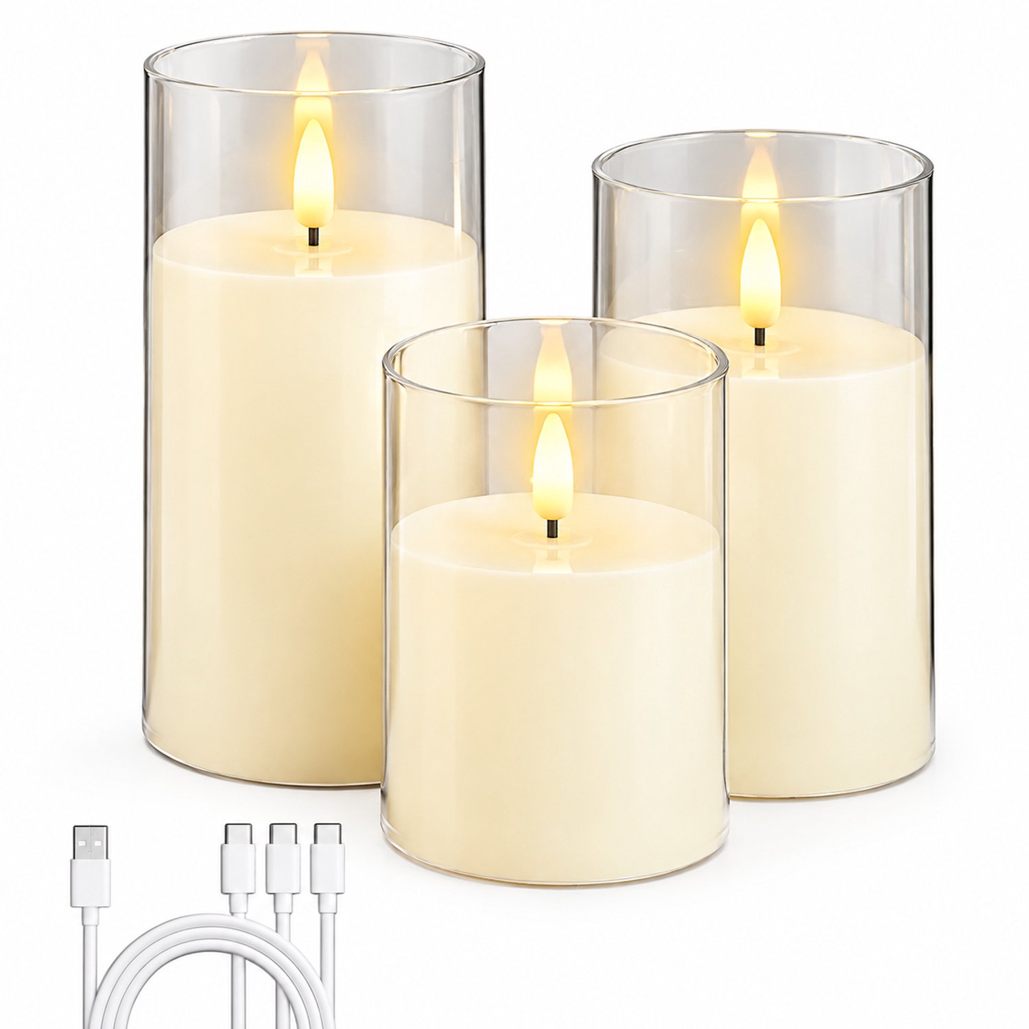 SWGOTA elektronische kaarsen, set van 3, oplaadbaar, Ø 7,5 cm, hoogtes 10/12,5/15 cm, transparante cilindervormige omhulling en warm kaarslicht Wit