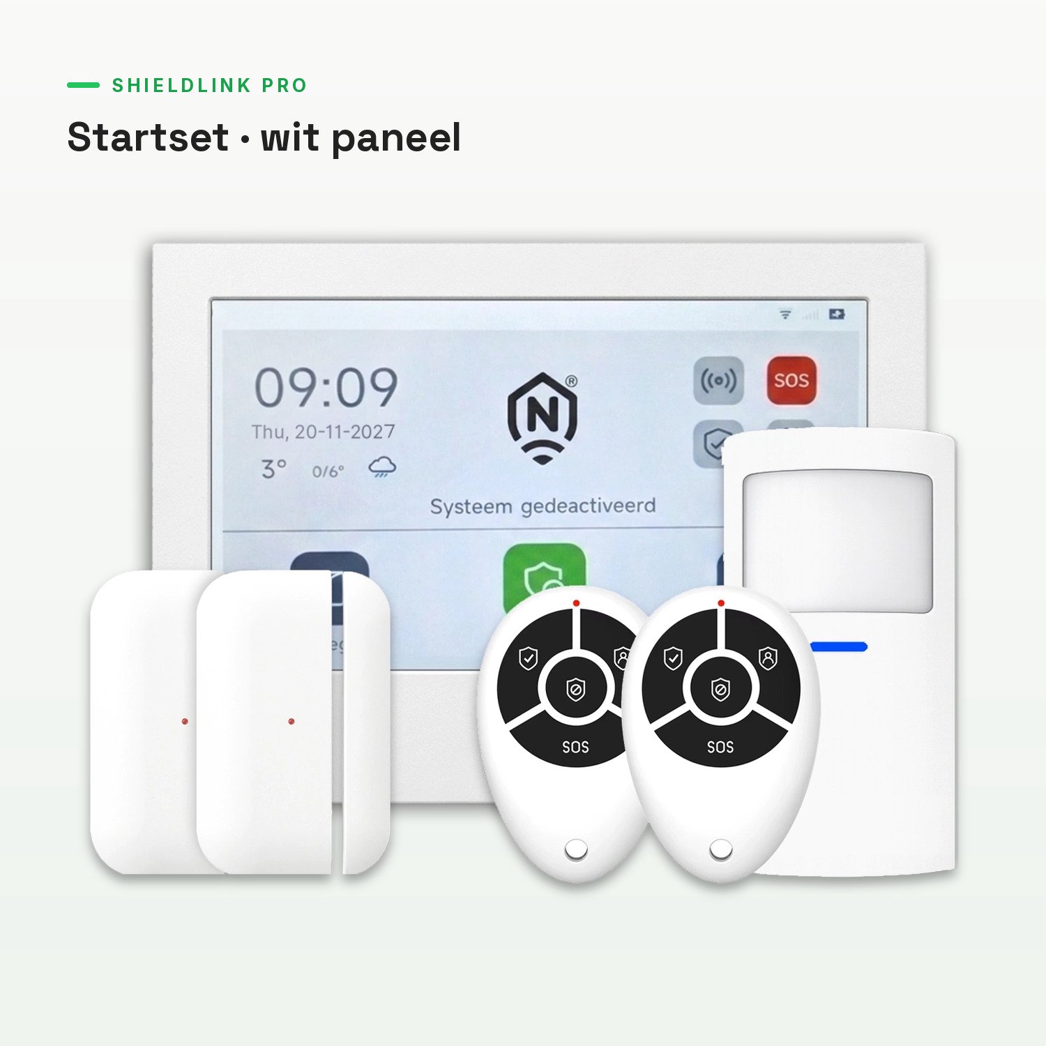 ShieldLink® Pro Alarmsysteem – Startset – Draadloos & Uitbreidbaar – Met App – Zonder Abonnement – Wit Paneel – Witte Accessoires