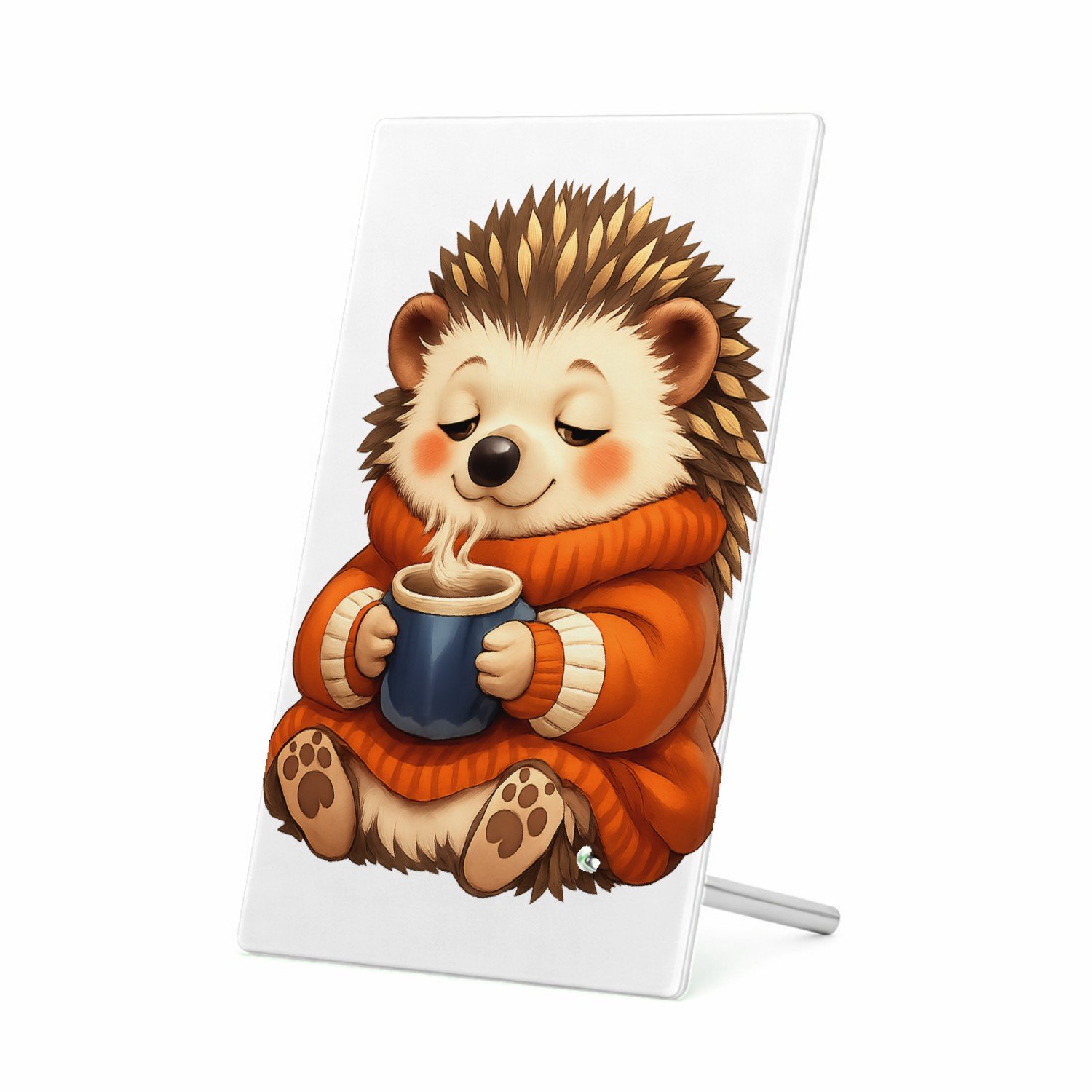 Mr Cadeautjes Glasframe 11 x 16 - design Een slaperige egel in een oversized trui met een warme drank | cadeau Wit
